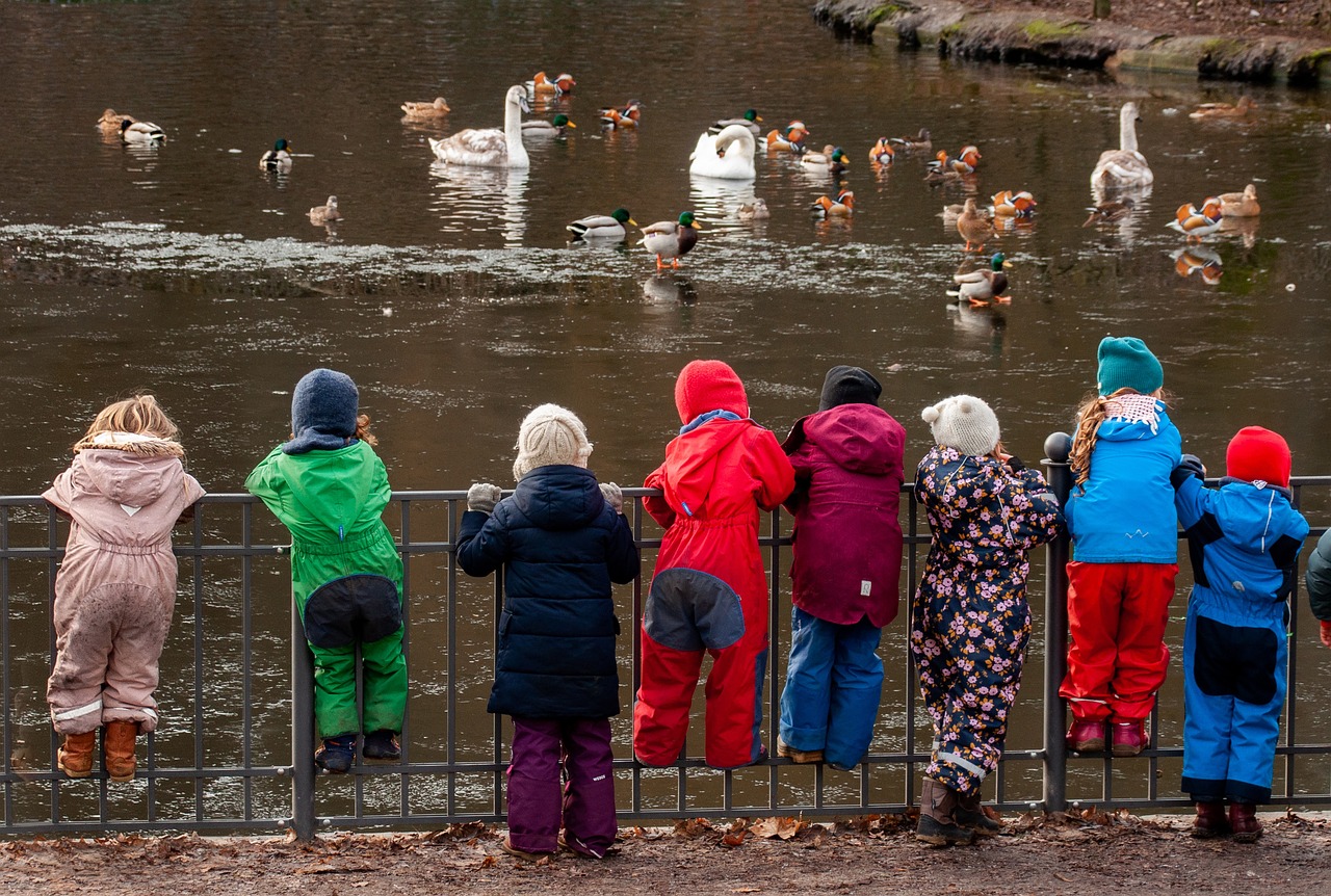 children, kindergarten, lake