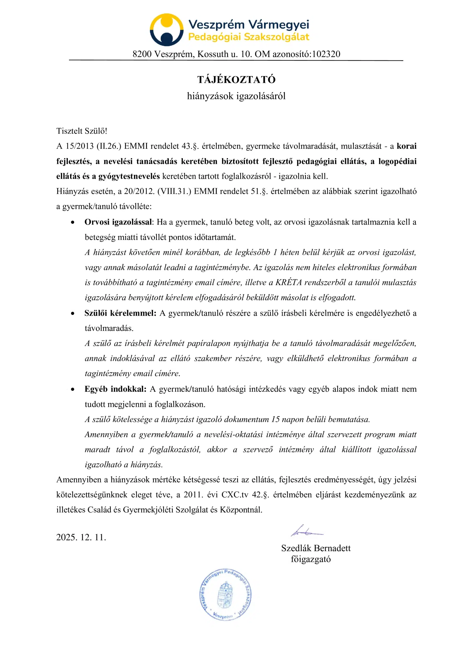 Tájékoztató hiányzások igazolásáról